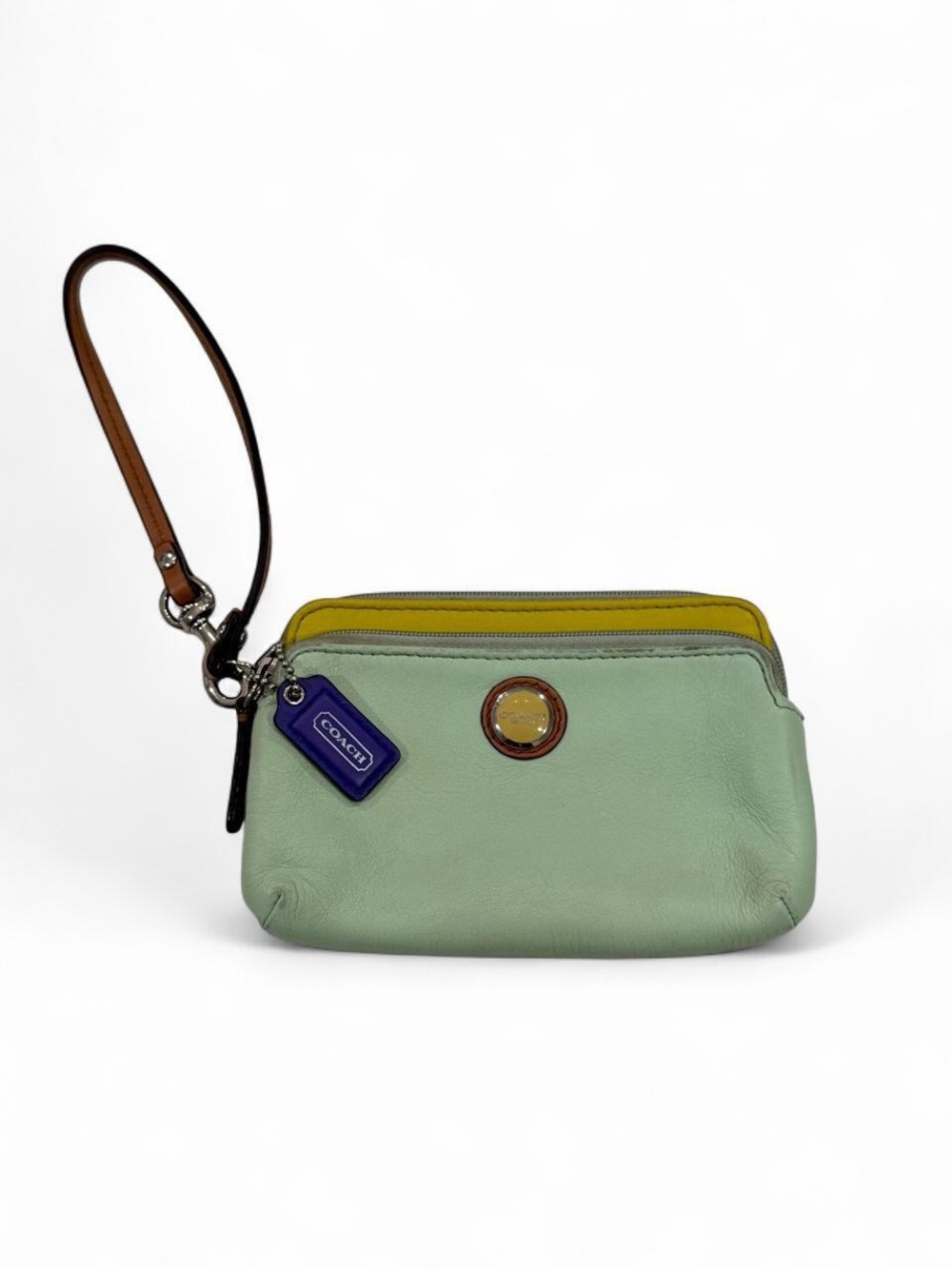 Coach Mint Green and Yellow Leather Wristlet with Purple Tag